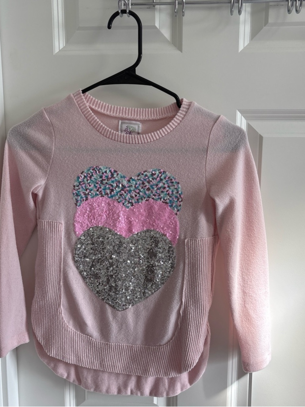 Girls Pink Sequin Heart Long Sleeve Top